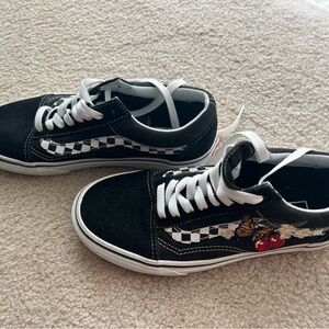 Vans Black and White Checkered Sneakers with Floral Design